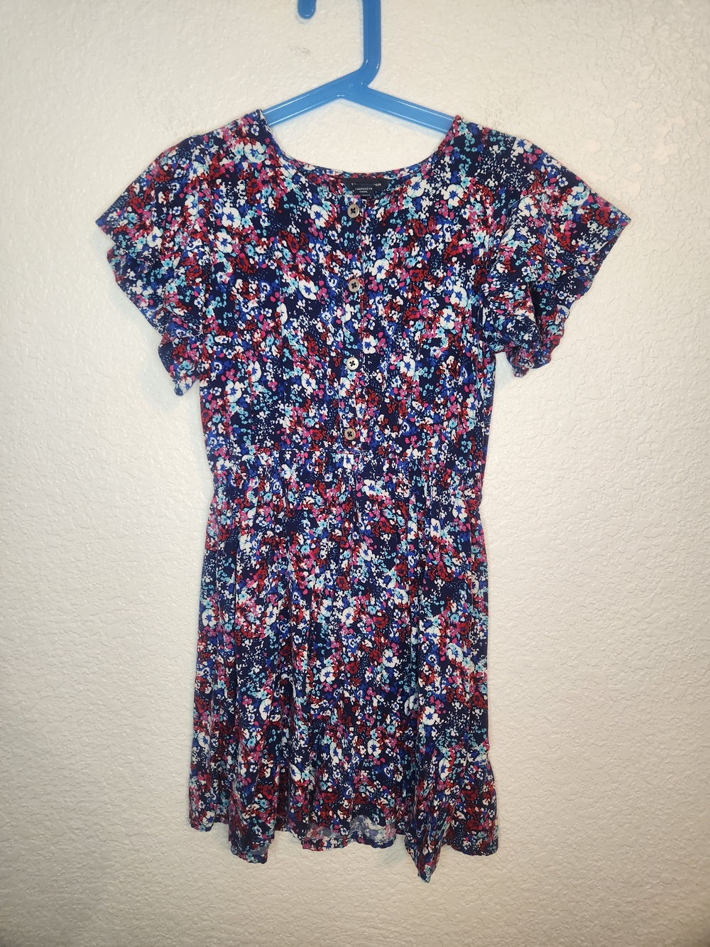 Tommy Hilfiger navy blue floral print short-sleeve dress ruffled flutter sleeves